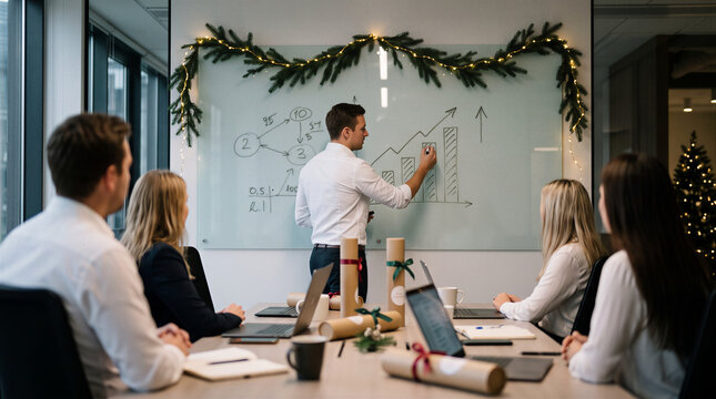 Office team during a holiday presentation in a meeting room
