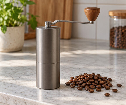 Plain manual coffee grinder beside loose coffee beans