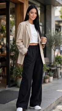 Young woman in beige blazer and black pants holding coffee outside