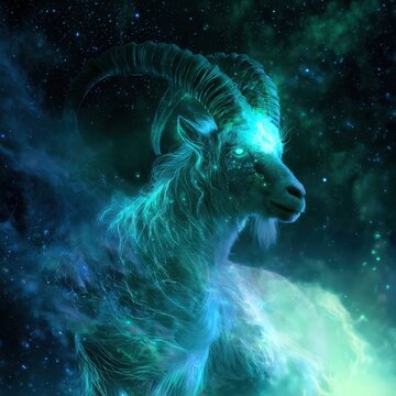 Mystical glowing goat with cosmic fur and radiant horns in a vibrant star-filled nebula blending fantasy and celestial themes in deep space