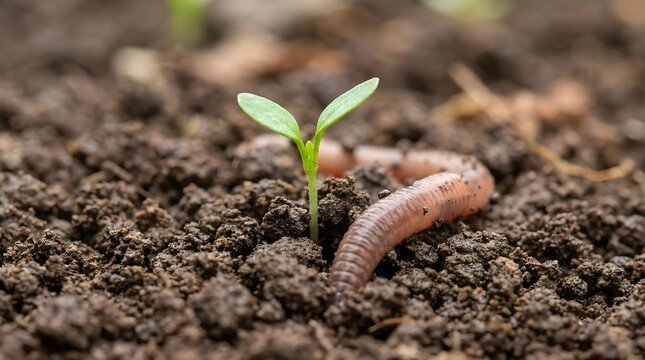 Healthy dark soil with an earthworm and a tiny seedling in macro view