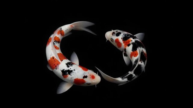 Artistic composition of two colorful Japanese koi fish swimming in a circular yin yang pattern against a solid black background