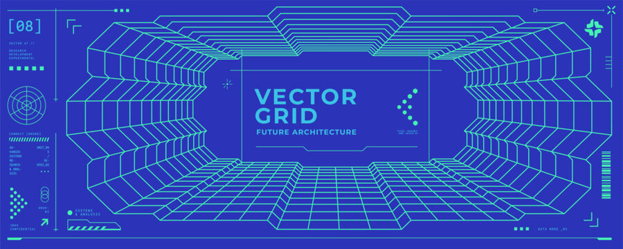 Grid 3d blueprint and perspective interface background with wireframe space box. Platform blue line and room wall hologram with frame digital design