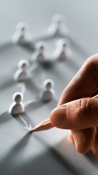 Hand drawing connecting lines between miniature figures representing teamwork and social networking on a gray surface with strategic shadows