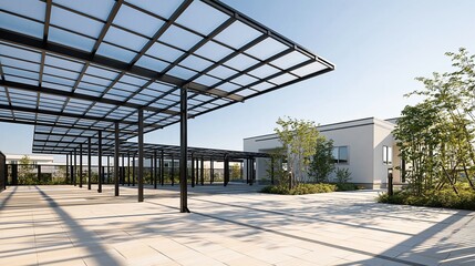 Fototapeta premium Modern Outdoor Parking Structure with Transparent Canopy and Landscaped Surroundings