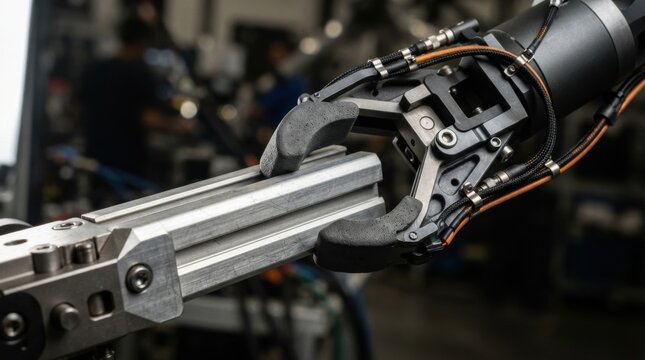 Industrial robotic gripper with polyurethane fingertips clamping onto anodized aluminum structural strut with precision joints and sensor cabling.