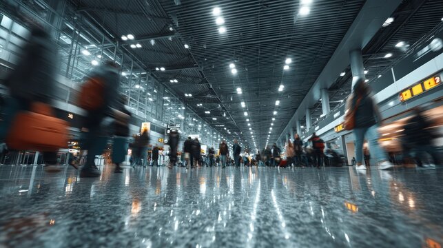 Busy Airport Terminal with Moving Travelers and Luggage in Focus