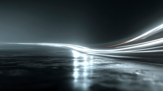 Ethereal Light Trails Reflection on Dark Surface in Minimalist Scene