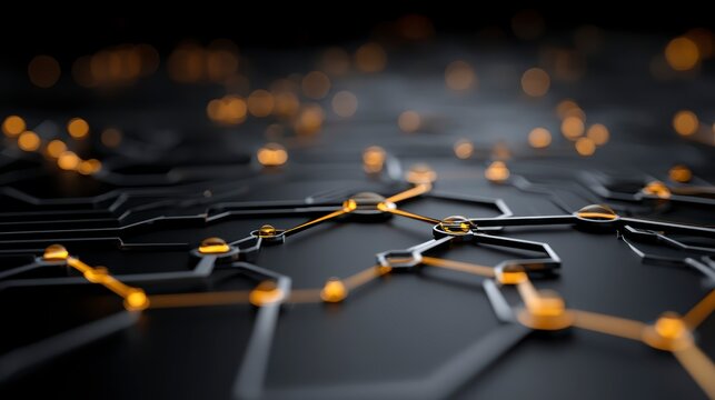 Abstract Technology Network with Bright Orange Lights and Black Surface