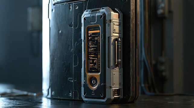 Futuristic rugged device with digital display and metallic casing mounted on industrial wall