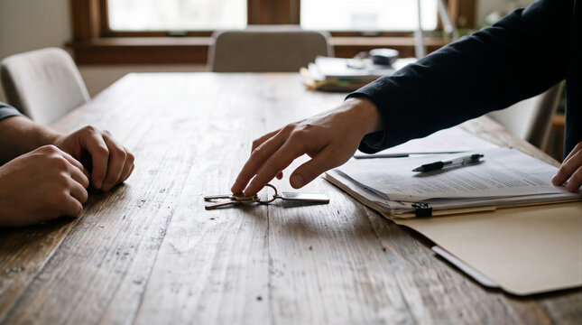 Business meeting with paperwork and keys on a wooden table