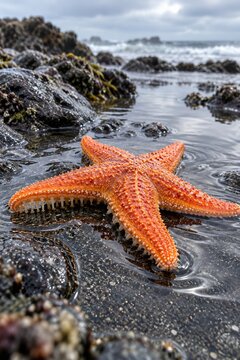 Orange sea star resting in rocky coastal tidal pool with ocean waves and seaweed. Marine wildlife in natural intertidal habitat, seaside nature concept. Vertical