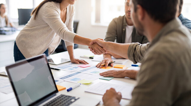 Online work meeting with colleagues shaking hands in office
