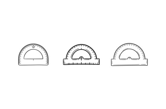 Set of three hand drawn protractors for geometry and mathematics.