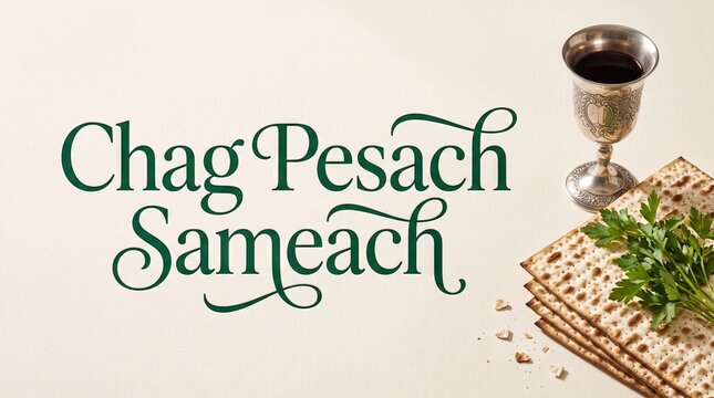 Passover Chag Pesach Sameach greeting with matzah, silver wine goblet and fresh parsley on cream background. Jewish holiday celebration design with copy space
