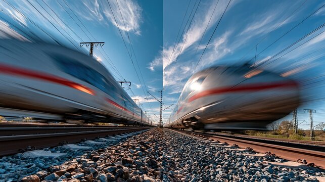 High-speed trains in motion blur, traveling on parallel tracks under a dynamic sky