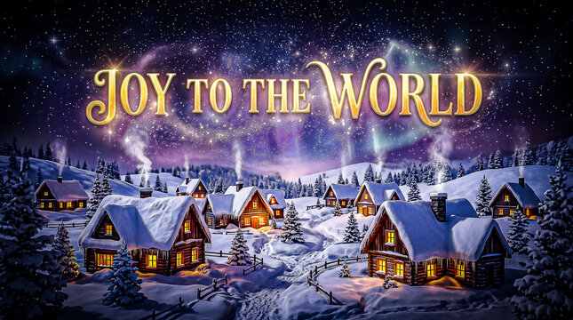 bold large joy to the world text floating over a quiet village covered in thick snow with warm yellow light shining from cabin windows under a starry night sky full of magic