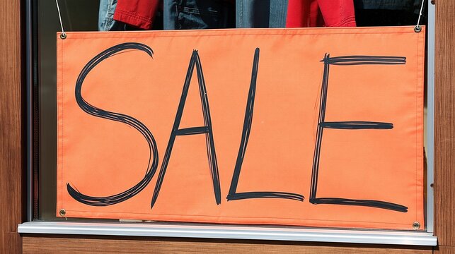 Bright Orange 'SALE' Banner Hung in a Shop Window, Announcing a Discount or Promotion