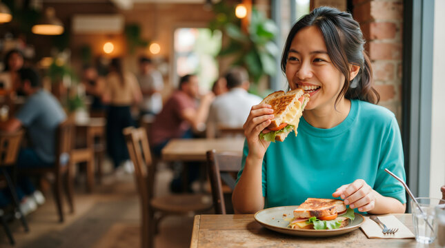 Happy Asian woman taking a bite of a toasted grilled cheese sandwich in a cafe. Young female enjoying lunch at a restaurant table. National Sandwich Day concept