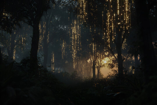 Mysterious forest with hanging strands of golden light
