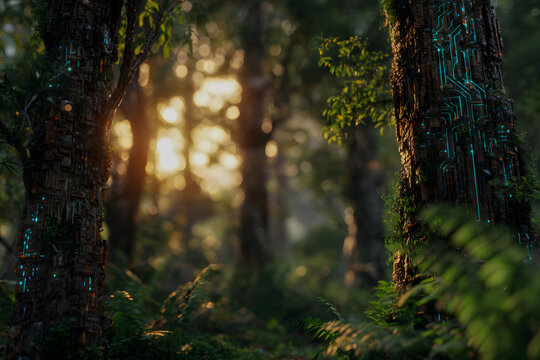 Futuristic forest with light circuits on the tree trunks