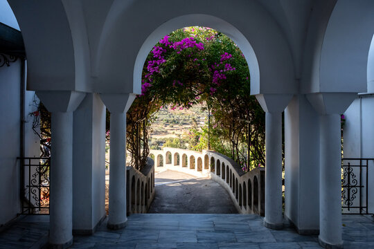 Pathway inside of Saint Nektarios Monastery, on the island of Aegina, Greece