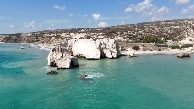 Close up drone footage of the famous Aphrodite beach in Cyprus