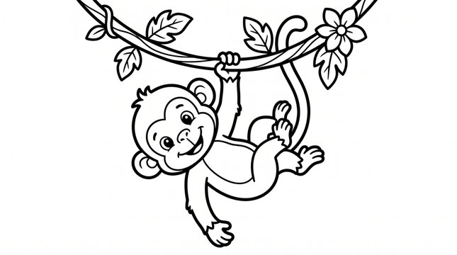 Cute baby monkey hanging by tail coloring page for kids, black and white vector outline
