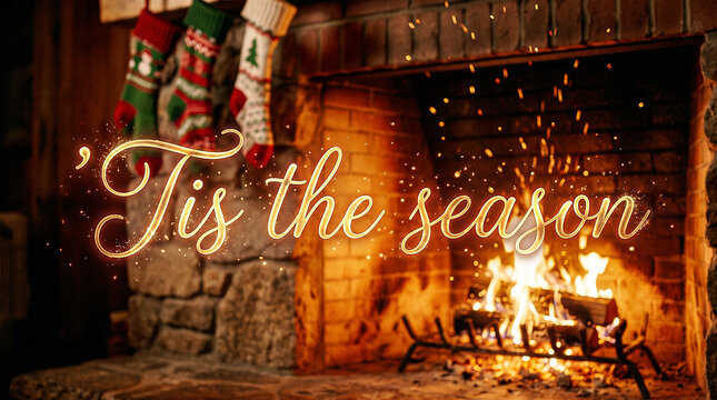 tis the season whimsical script illuminated by a warm fireplace glow with some blurred stockings hanging on a stone mantel and soft glowing sparks floating up the brick chimney