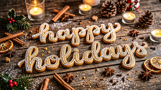 happy holidays cursive lettering made of freshly baked gingerbread and white icing resting on a rustic wooden table with scattered cinnamon sticks star anise and glowing candles
