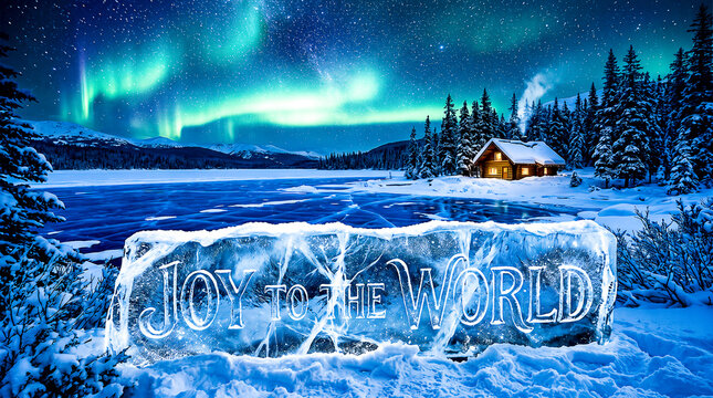 joy to the world typography carved into thick ice sparkling under northern lights with deep blue frozen lakes background snow drifts and bright stars shining high above the cabin