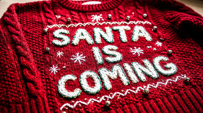 santa is coming bold festive text stitched on a handmade cozy knitted red sweater background with fuzzy white yarn textures and little silver jingle bells sewn into the warm fabric