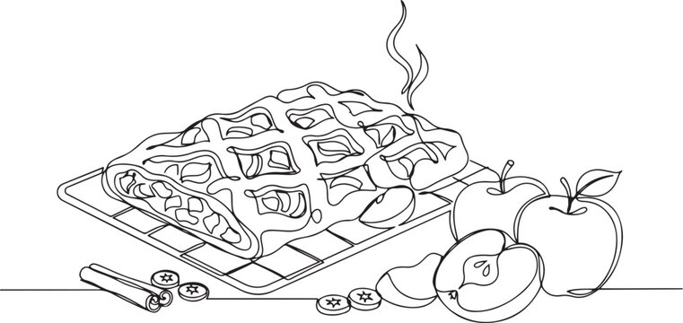 A sweet apple strudel on cooling rack beside fresh apples fruit. Tasty dessert food concept. one line Art icon drawing