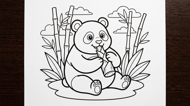 Cute panda bear eating bamboo coloring page for kids, black and white vector illustration