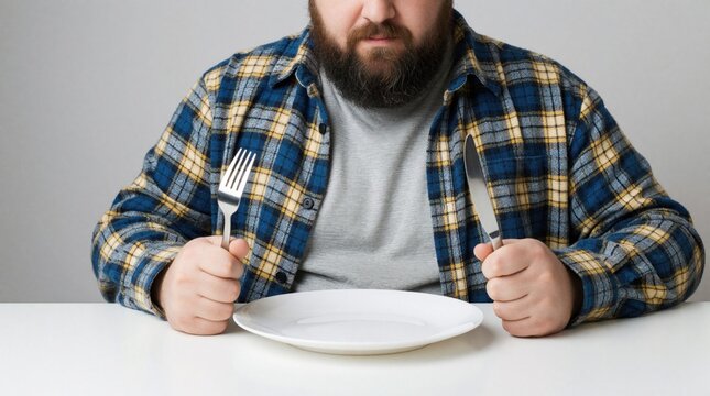 Overweight bearded man sits at table with empty white plate. Holds fork, knife, feeling hunger, disappointment. Hungry male person looks at nothing, struggling with diet, fasting food craving in