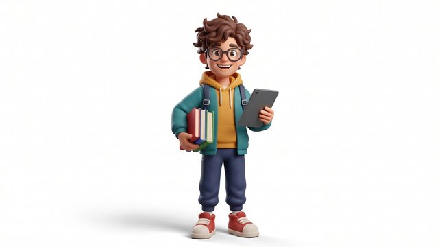 3D cartoon student boy holding books and tablet isolated on white background