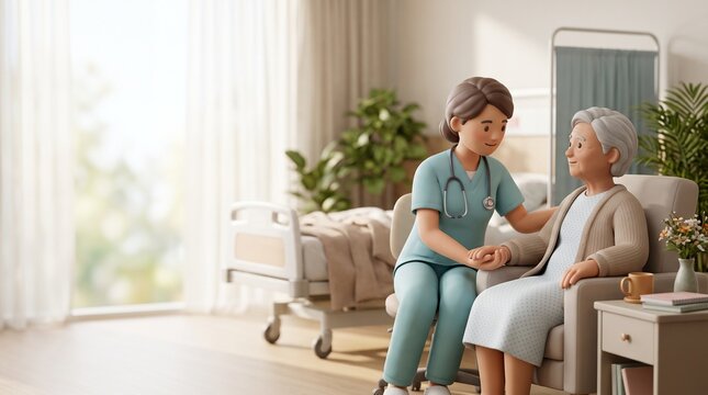 3D illustration of a nurse comforting an elderly patient in a hospital room