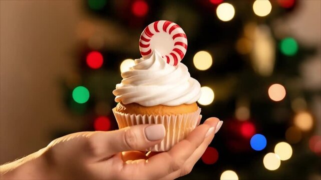 Hand holding peppermint cupcake with frosting and candy cane before festive holiday lights. Christmas dessert. Seasonal baking and celebration. Sweet treat, confectionery.