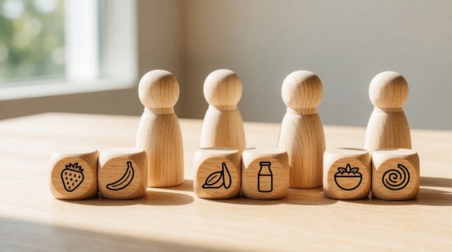 Wooden peg people stand behind small dice with food icons on wooden table. Different icons like strawberry banana leaves milk, nuts represent healthy diet. Concept of meal planning nutrition choices,