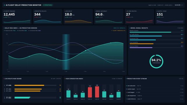 Futuristic ai flight delay prediction monitor dashboard for flight tracking metrics, delay risk index charts, live route risk board, for aviation analytics