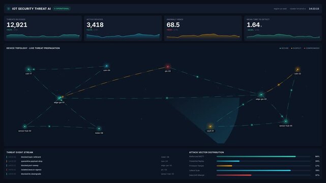 Futuristic iot security threat ai dashboard with live attack vector distribution, device topology, blocked threats, anomaly index for real time network monitoring