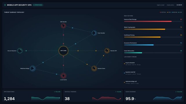 Mobile app security operations dashboard with threat surface topology, risk vectors, live event stream, for cybersecurity, vulnerability analysis, protection