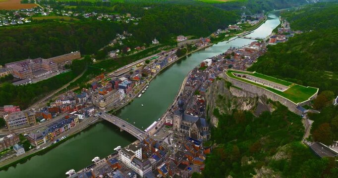 Aerial view of the beautiful, picturesque town of Dinant in Belgium, situated on the Meuse River between two cliffs