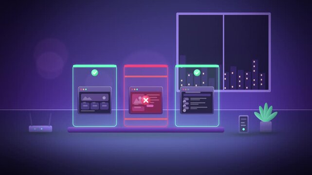 Isolated browser windows in glass cells room scene appearing