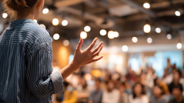 Closeup of a presenter sharing expert care tips for household items engaging the audience in an interactive community event with soft background blur.