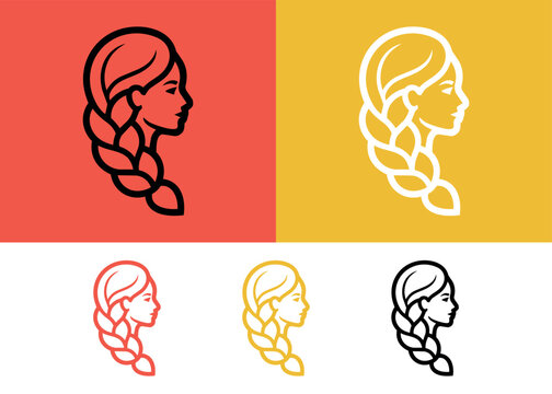 Woman with braid icon in profile on colorful backgrounds.