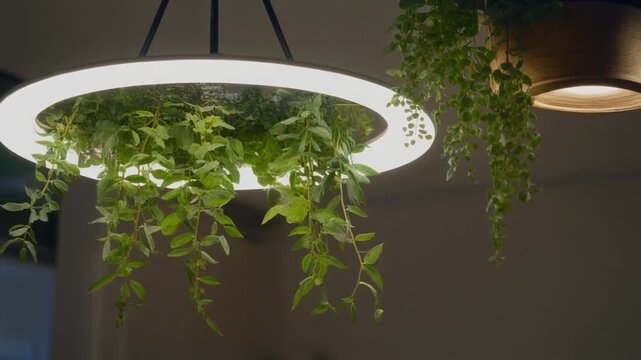 Modern circular ring pendant light integrated with trailing green plants and bright white illumination