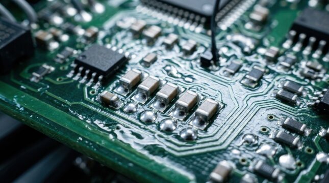 Macro view of an automotive engine control circuit board with miniature ceramic surface mount capacitors, protective conformal coating, and lead-free solder fillets.