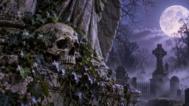 Human skull beside a lantern in a moonlit cemetery. Halloween horror and spooky graveyard concept. Death, mortality and remembrance. Gothic macabre aesthetic