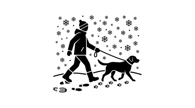 Stylized silhouette of person walking dog in snow.